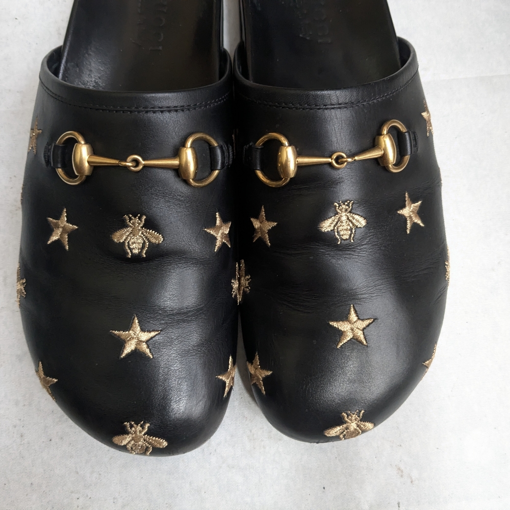 Gucci Horsebit Loafers Mules Men US 9.5 Black Gold Stars Bees Leather - Picture 5 of 16